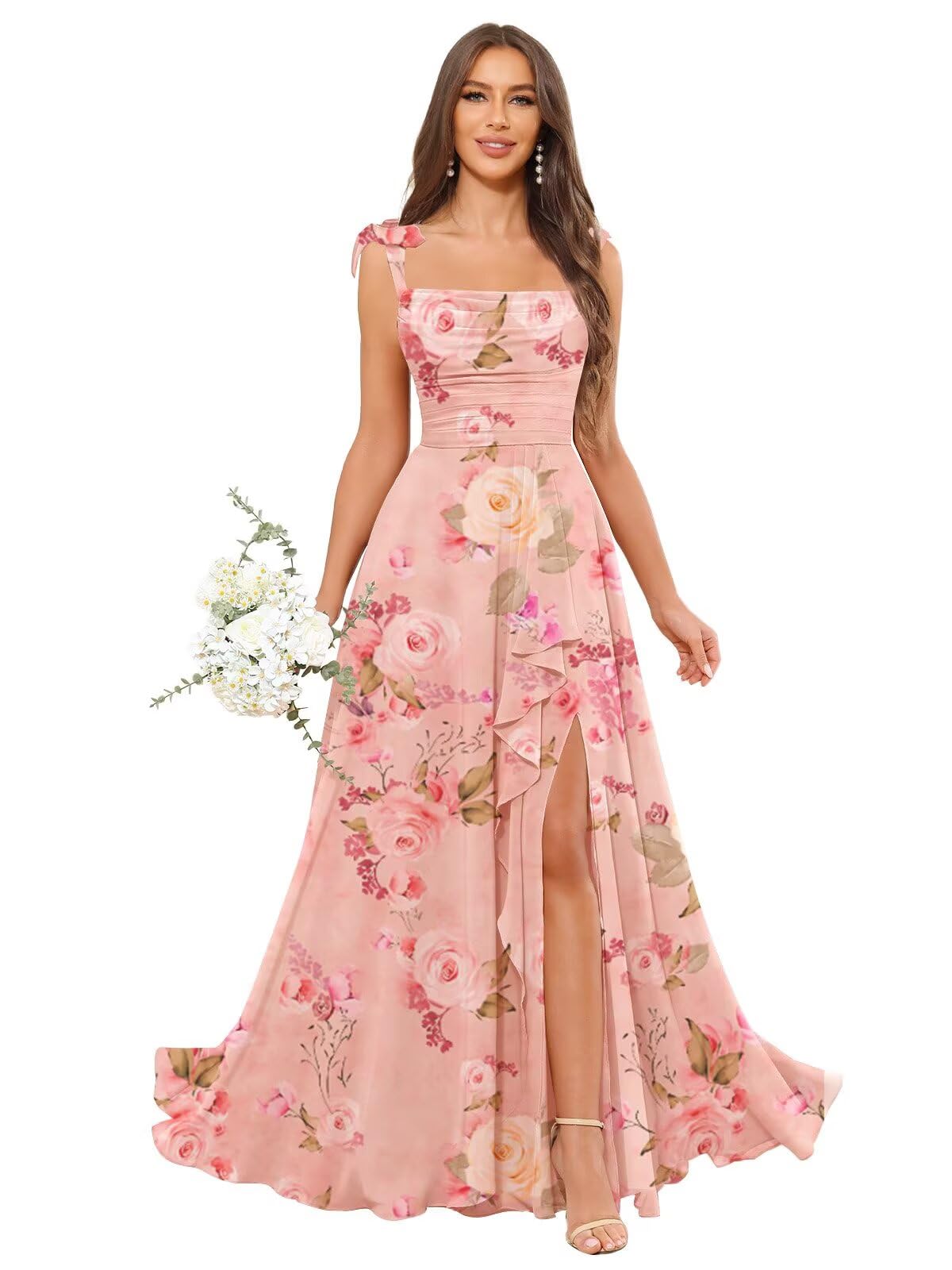 POMUYOO Spaghetti Straps Chiffon Bridesmaid Dresses for Women Long Pleated Formal Evening Prom Party Gown