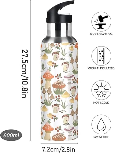 Miniatura 9 de Botellas de agua aisladas de hongos con tapa con popote, sin BPA, 22 onzas, a prueba de fugas, botella de agua deportiva de acero inoxidable al