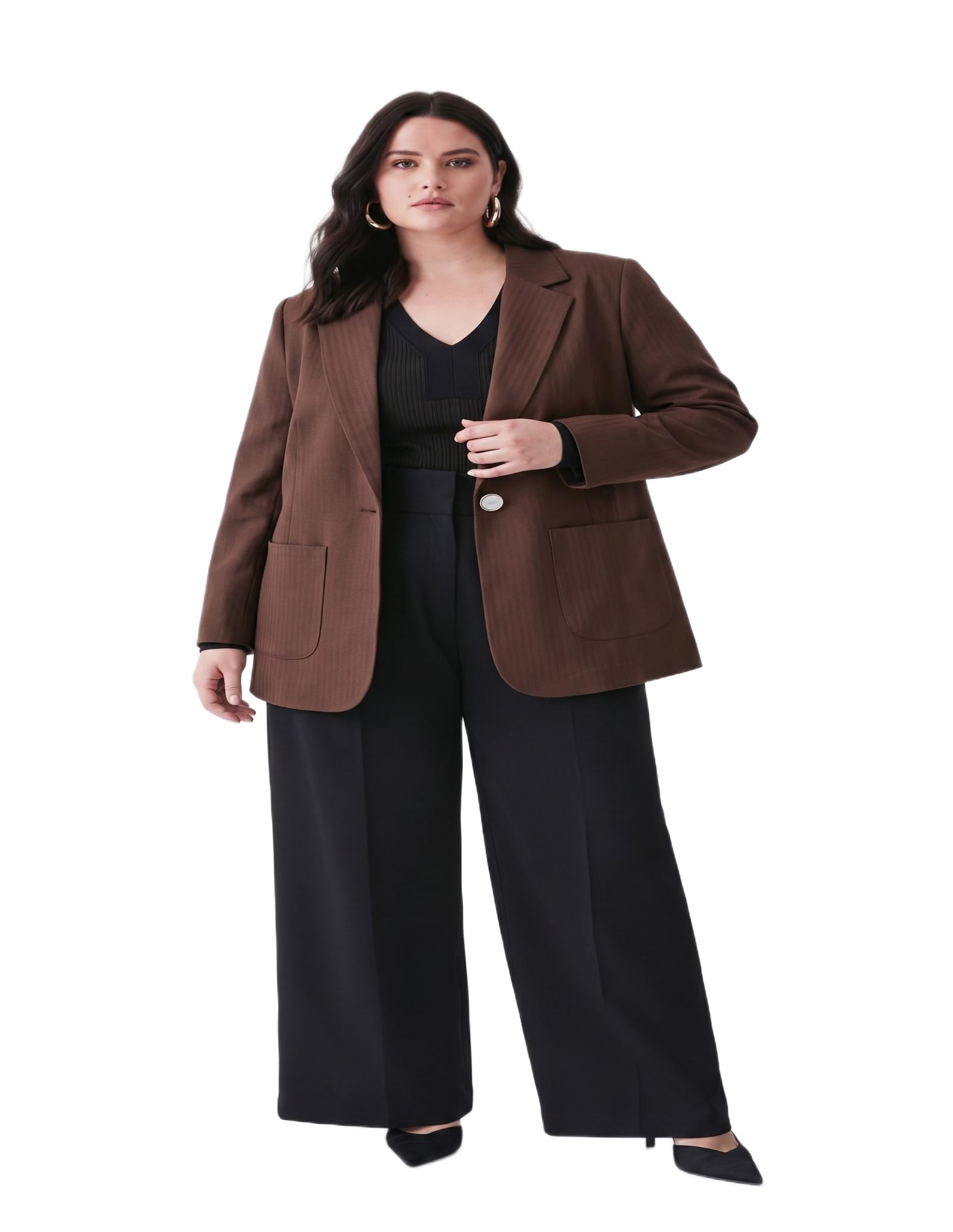 Plus Size Women's Professional Blazer – Brown Herringbone Weave, Notched Collar, 3/4 Sleeve Work Jacket-picture-22