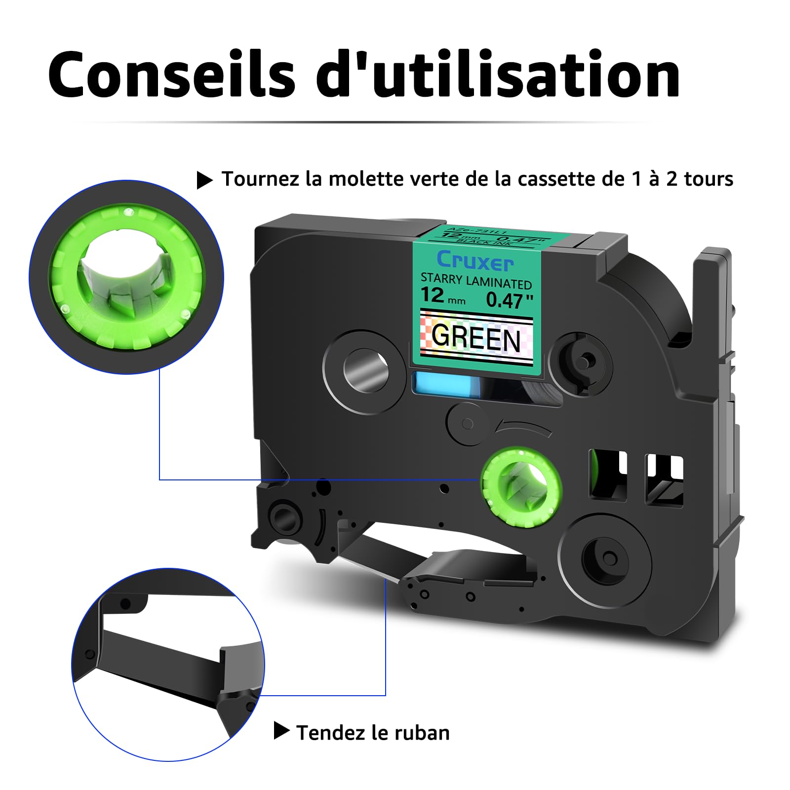 Cruxer Lot de 40 Ruban compatible P-touch TZe-731L1 Noir sur Vert 12 mm