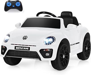 Ride on Car, 12V Licensed Volkswagen Beetle, Battery Powered Electric Vehicle for Kids, Spring Suspension, Light, Music, 4 Wheeler Ride On Toys w/Remote Control, Gift for Boys Girls (White)
