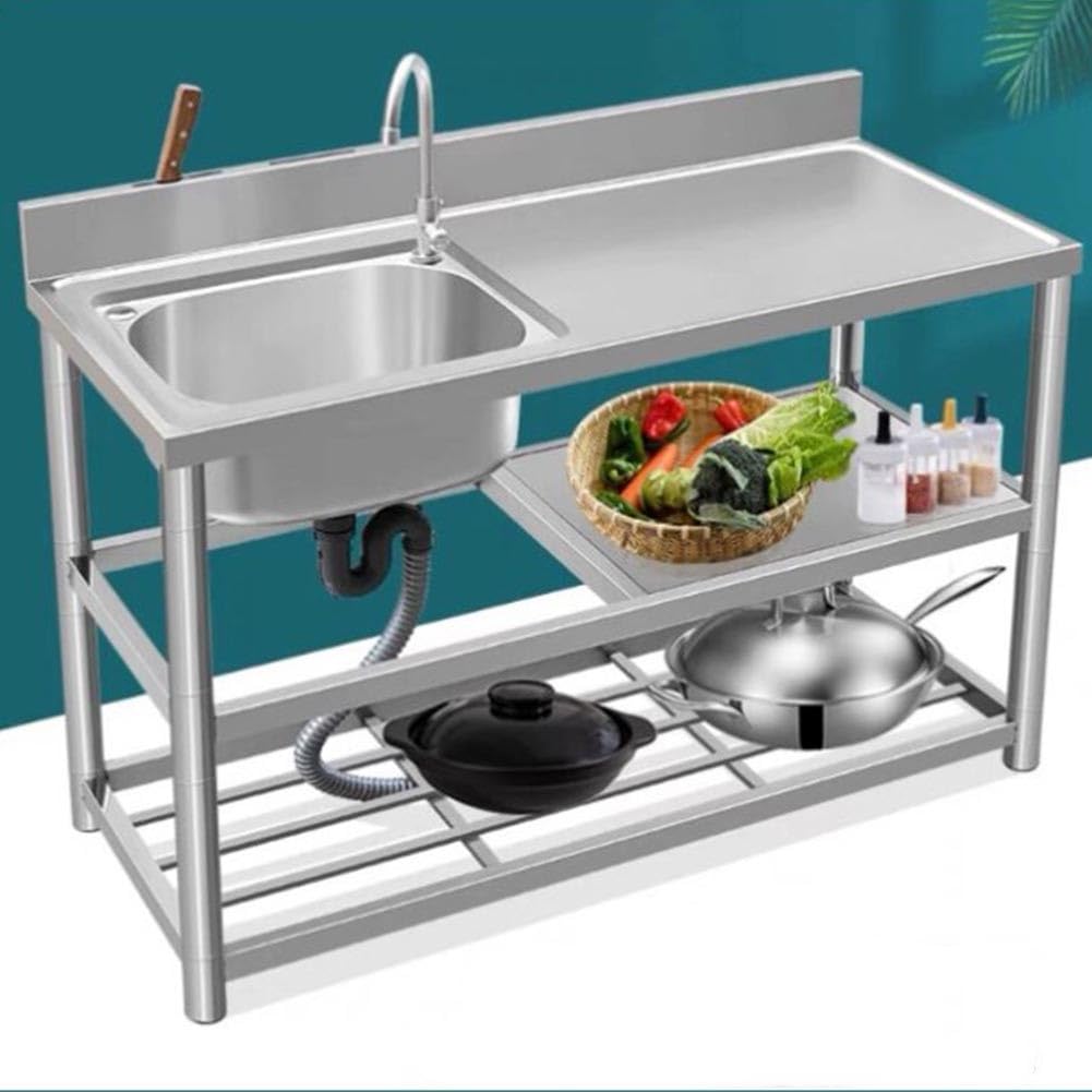 CSXSXAUO Commercial Kitchen Sink with Faucet, Workbench, and Storage Shelves for Restaurant Utility Use
