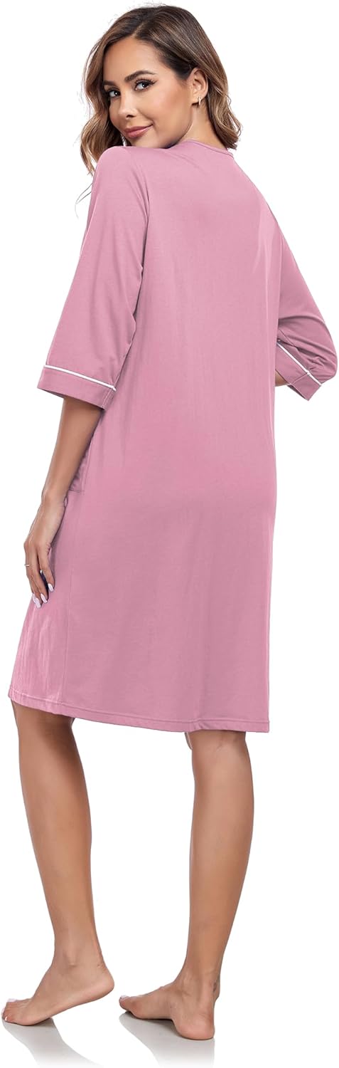 Women's 100% cotton Robe lightweight with 3/4 sleeves zip front Knee Length Loungewear with Pockets