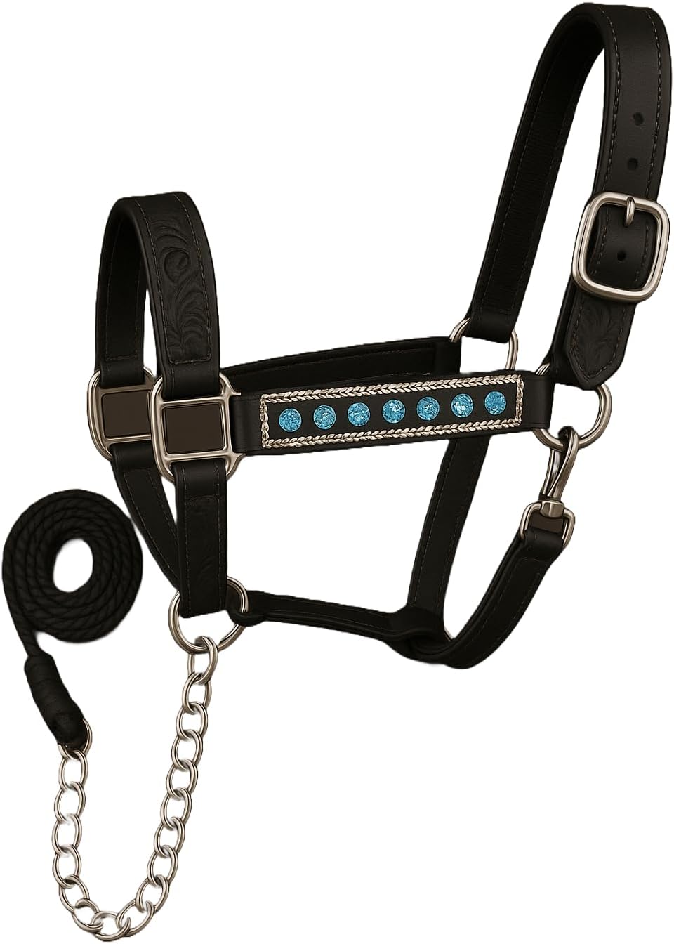 Handcrafted Leather Horse Halter – Tooled Design with Crystals, Cushioned Padding, Adjustable Fit, Chain Lead Pony M163