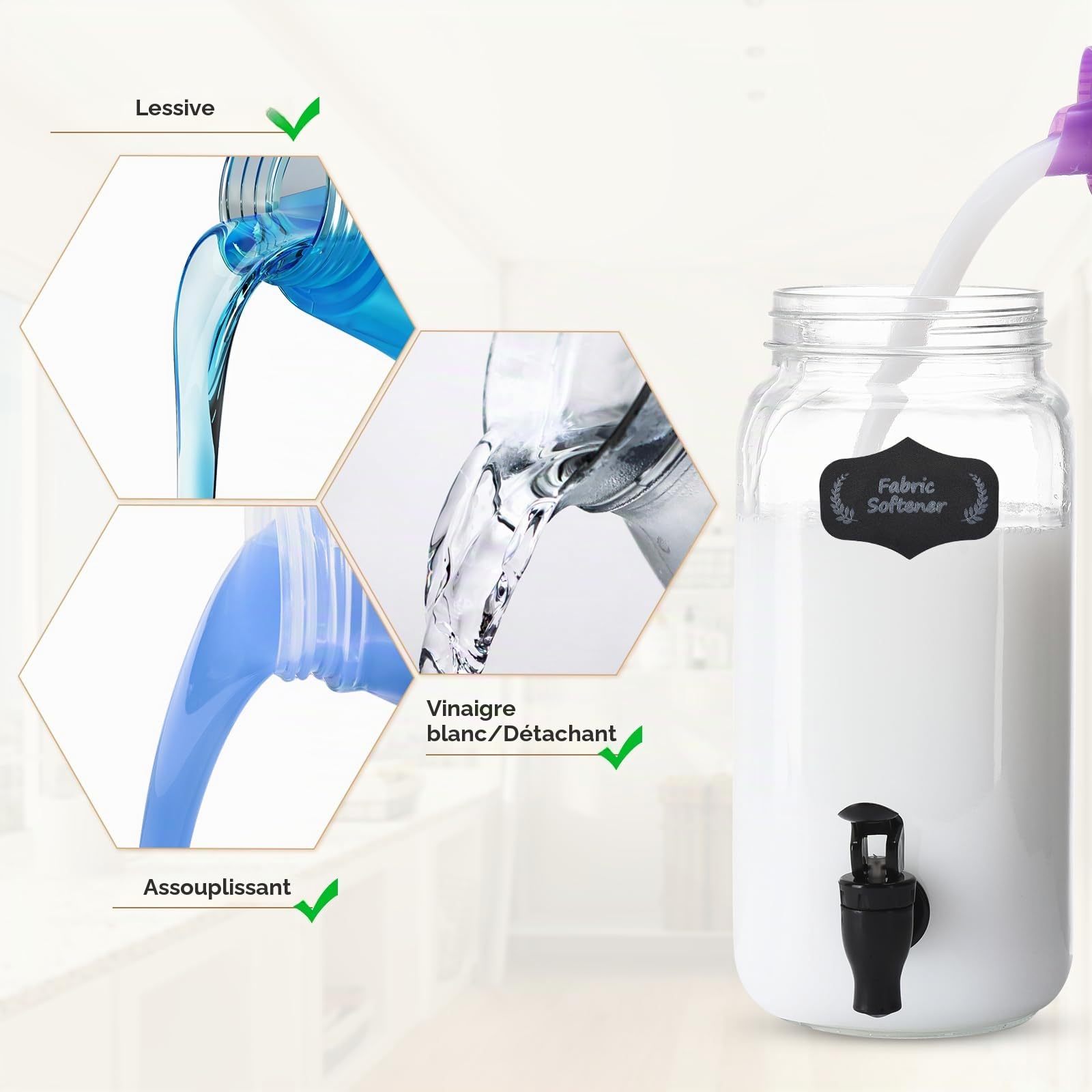 GADFISH Distributeur de détergent à lessive liquide, 2,2 L, pot en verre transparent, sans parfum, capacité 2,2 L, résistant, doux sur les tissus