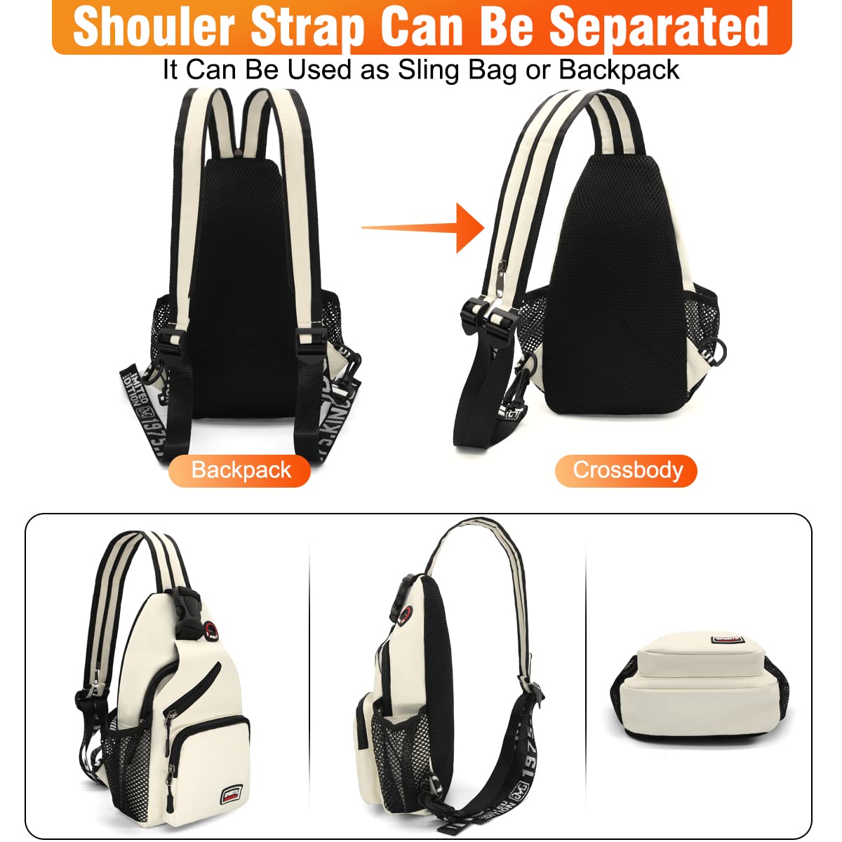 HNOOM Zaino Monospalla Donna Piccolo Sling Bag con Foro per Auricolare Marsupio Donna Tracolla in Tessuto Oxford per Scuola Outdoor Ciclismo Viaggio Hiking Multitasche Piccolo Zaino (Bianco)