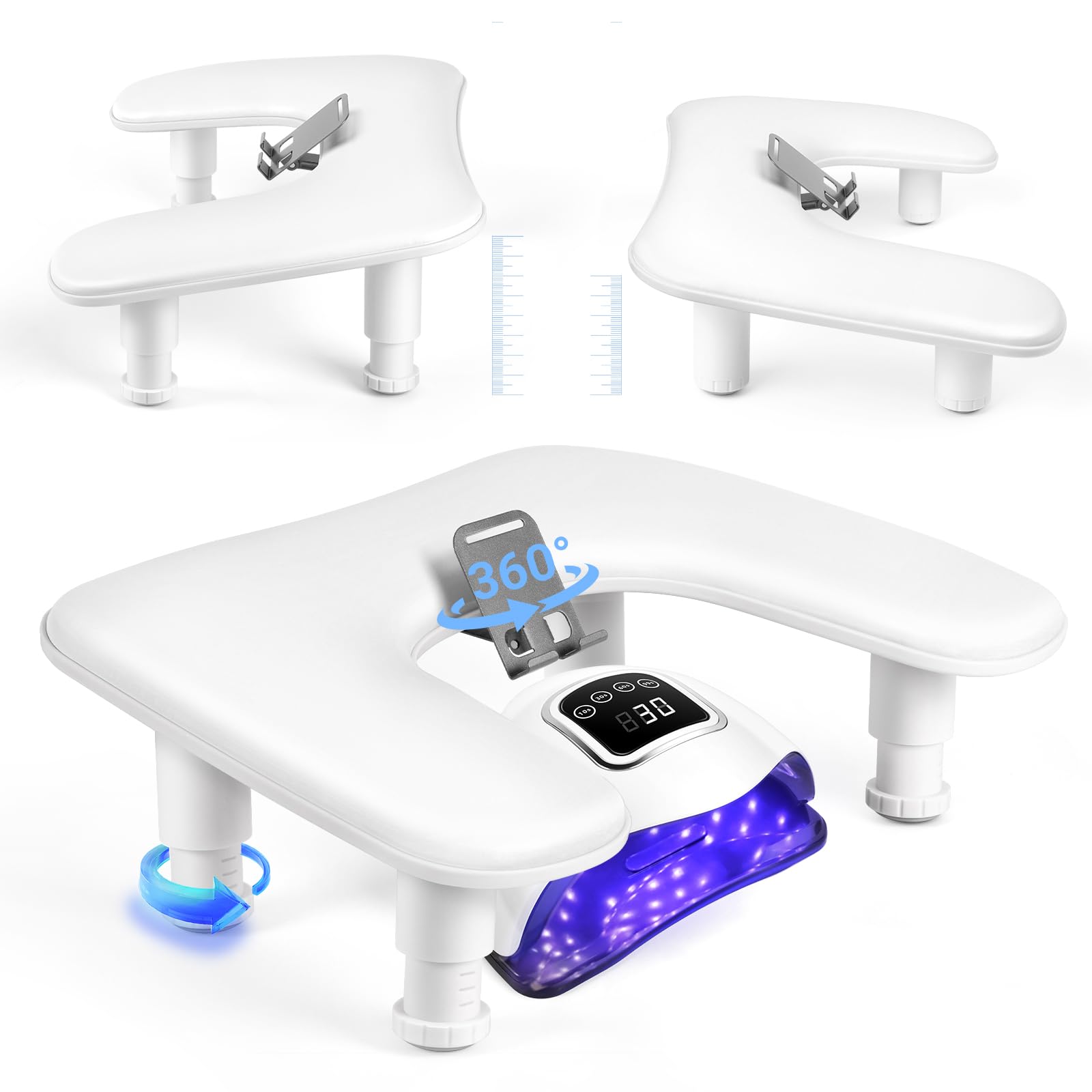 Reposa Manos para Manicura: Altura Ajustable Reposabrazos Manicura con Soporte Para Teléfono - Cómoda Funda de Piel Sintética PU Reposa Manos para Manicura para Hogar Salón - Blanco