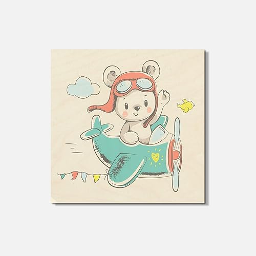 Cute Bear Pilot Animal Square Wooden Coaster, Idea, Handmade Gifts, Wood Bottom for Tabletop Protection, Suitable for All Cups, Cool Home Decor,