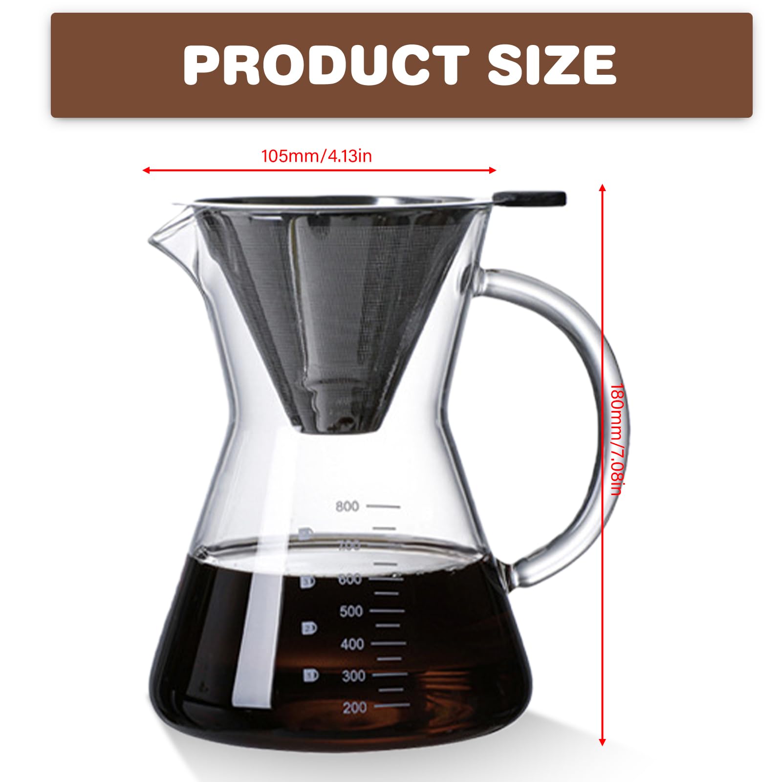 GOMETY Pour Over - Caffettiera in vetro borosilicato da 800 ml, con filtro in acciaio inox a doppio strato, con manico, in vetro per un piacere aromatico