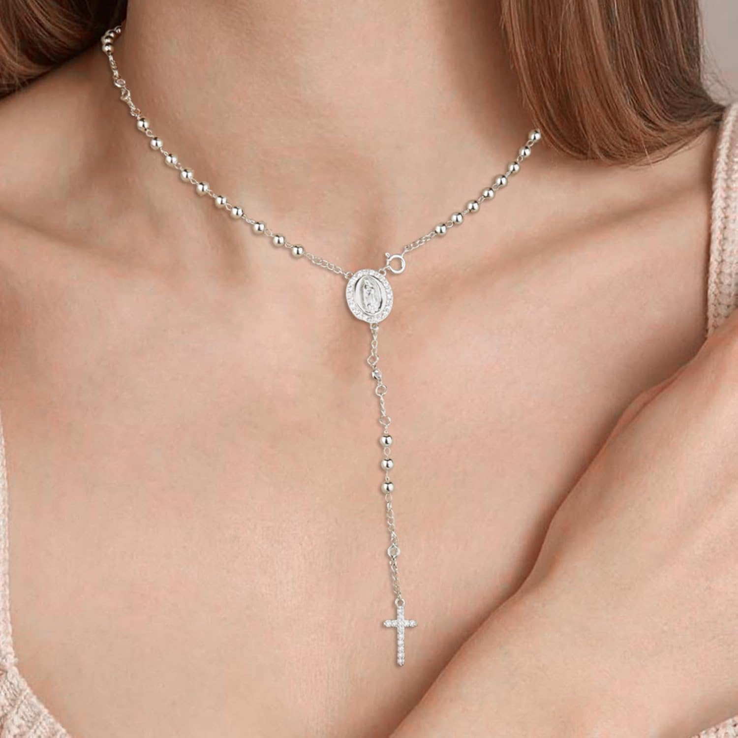 FEEL STYLE Virgin Mary Rosary Necklace for Women - 14K Gold Plated Y-Necklace for Women Cross Necklace Religious Jewelry - Image 2