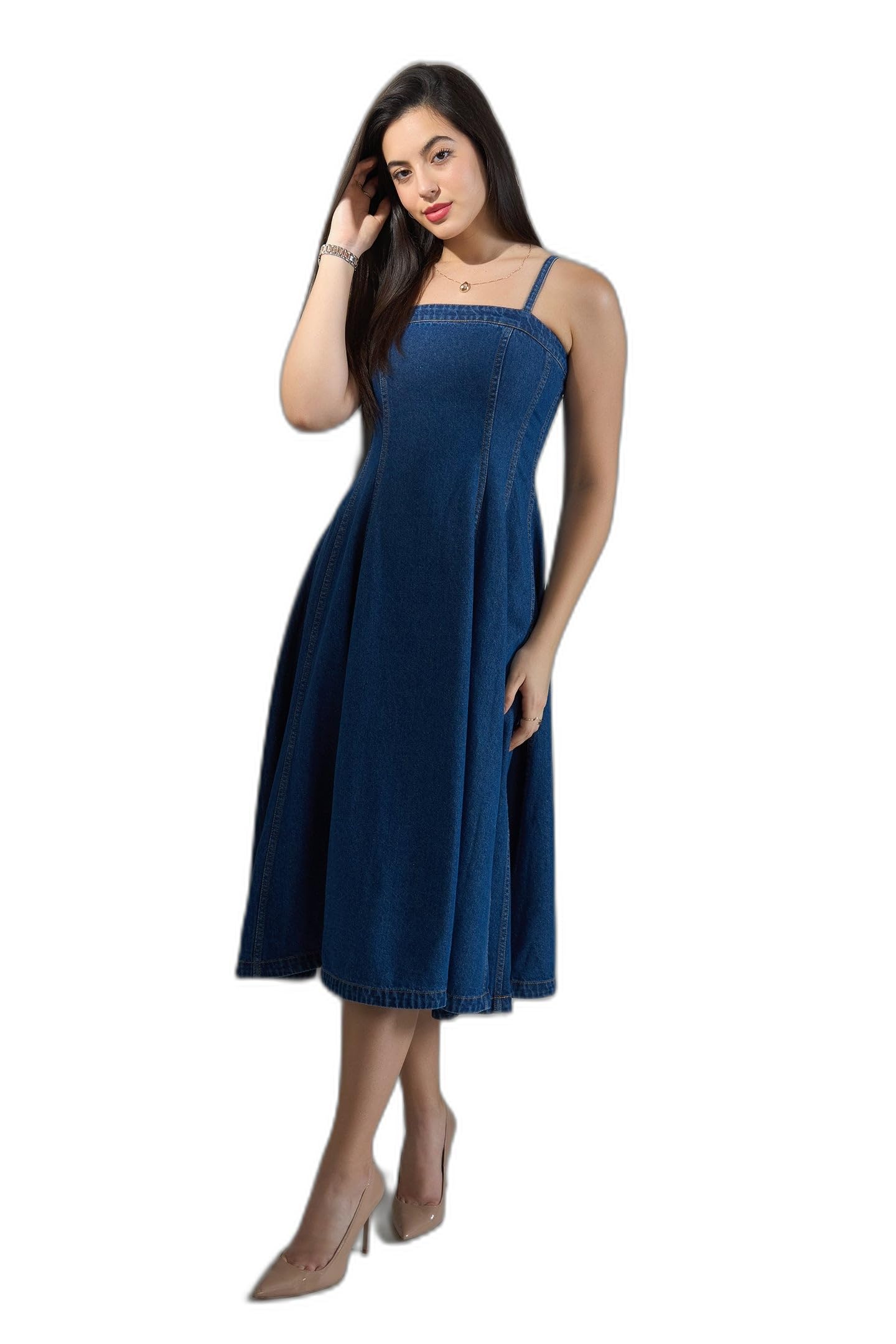 virgio Women’s 100% Cotton Denim Flared Dress with Banded Waist Detail and Sleeveless Silhouette, Casual Western Outfit for Vacation Wear and Brunch Styling-picture-36