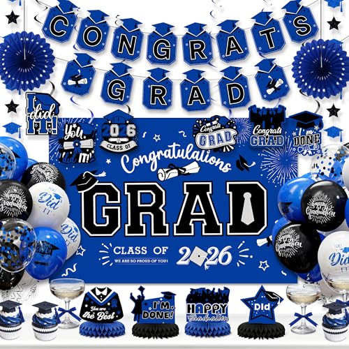 Image of Party Spot!2026 Graduation Party Decorations-Class of 2026 Backdrop,Blue and Black Graduation Party Decoration Set,Congrats Grad Banner,Hanging Swirl & Honeycomb Party Decor for Graduation