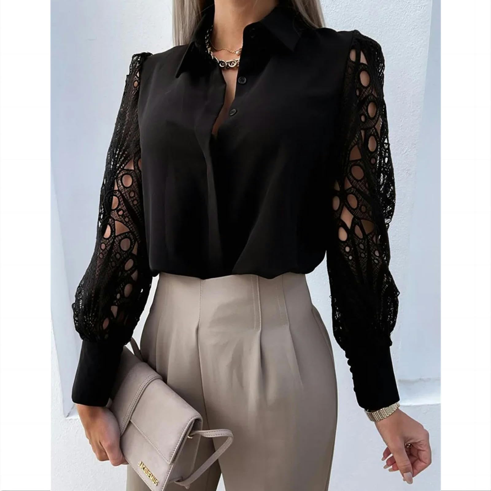 Camicia Donna Elegante Hollow out Donne Camicetta Autunno Primavera Nero Top Vintage Button Up Camicie Maniche Lunghe Top-Nero-m