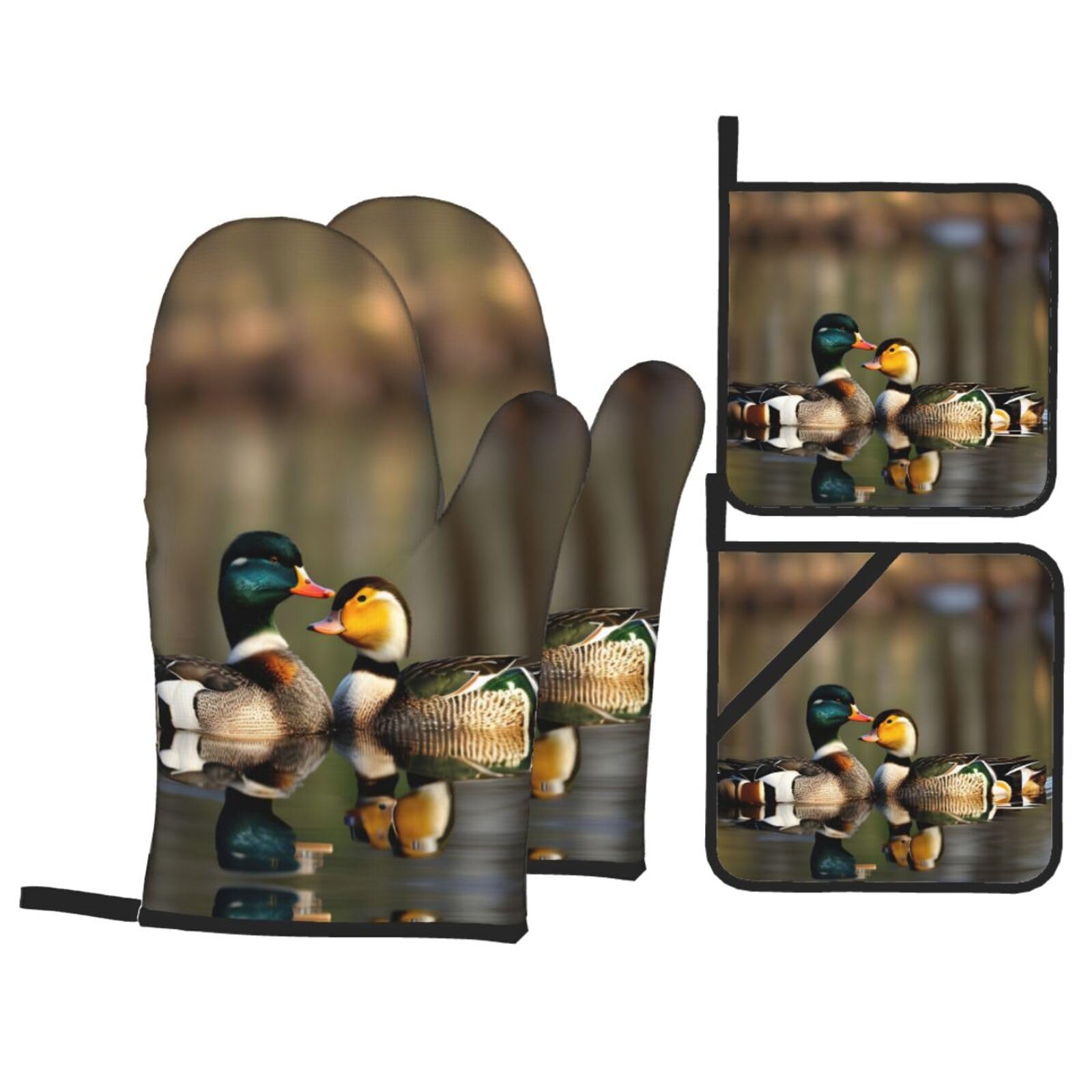 Mallard Ducks Printing 4 Piece Heat Resistant Oven Mitts Set,Kitchen Pot Holders Hot Pads for Grilling Cooking Gift