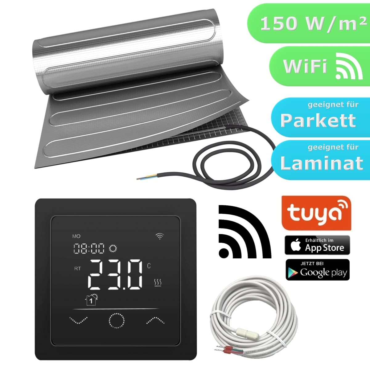 Elektrische Fußbodenheizung HoWaTech ALU für Laminat Parkett Vinyl Komplett Set TWIN Heizmatte 150 W/m² inkl. Thermostat WLAN WIFI Touch schwarz, Heizfläche:5.00m²