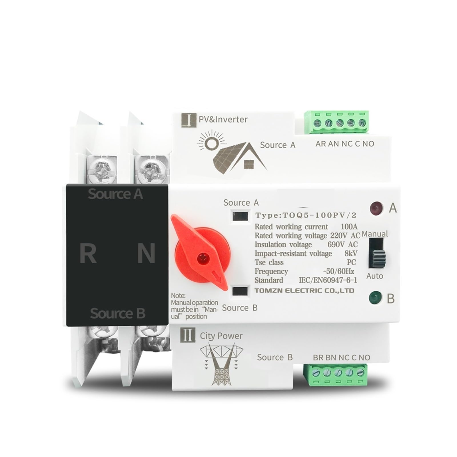 VSPPJYFG Single Phase Din Rail ATS for PV Inverter Dual Power Automatic Transfer Selector Switches Uninterrupted 2P 63A 100A 125A 1Pcs(25v)