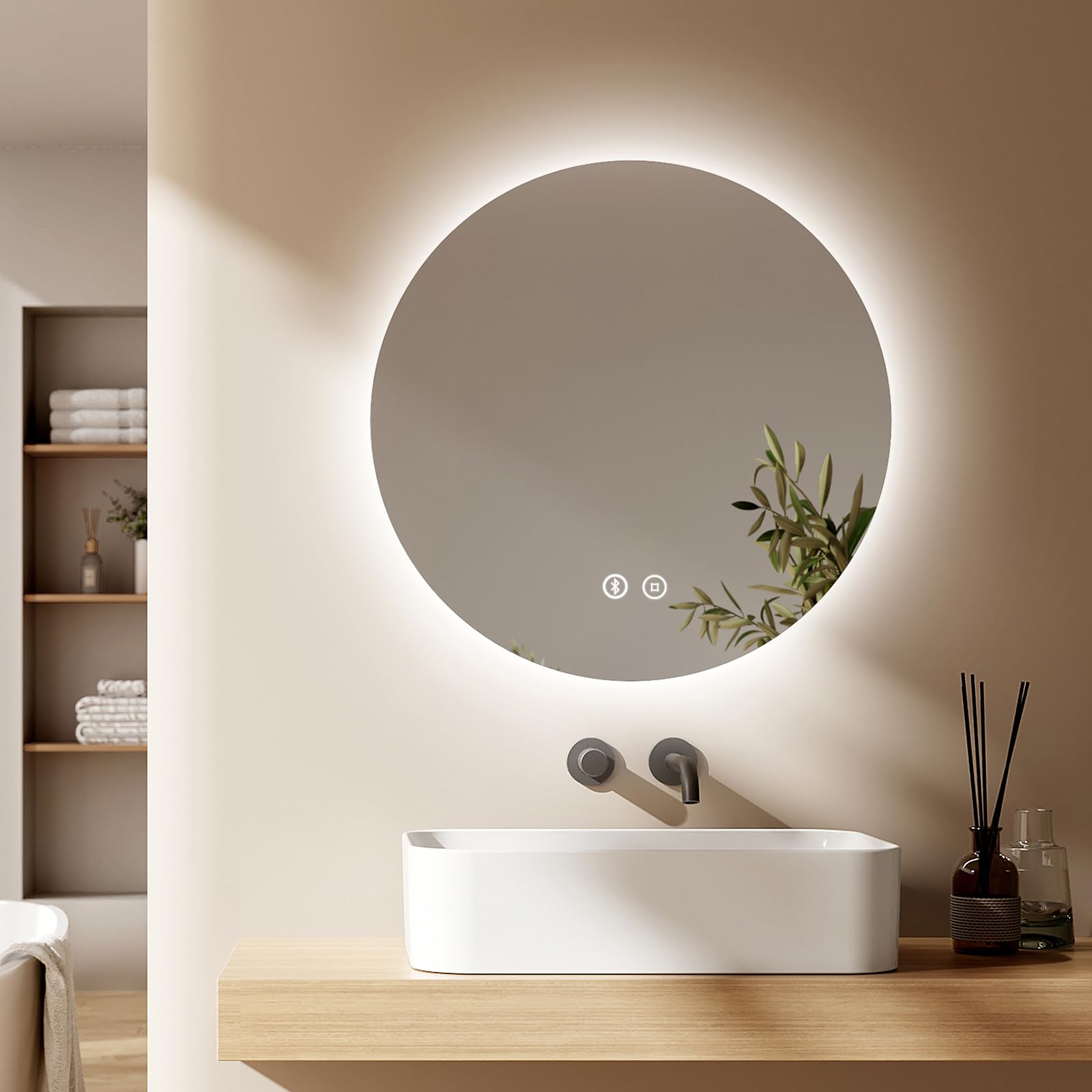 EMKE Espejo Redondo LED de baño de 600 x 600 mm, retroiluminado Iluminado para Montar en la Pared con Bluetooth, desempañamiento, Ajuste de Brillo, Espejo Circular Inteligente para baño