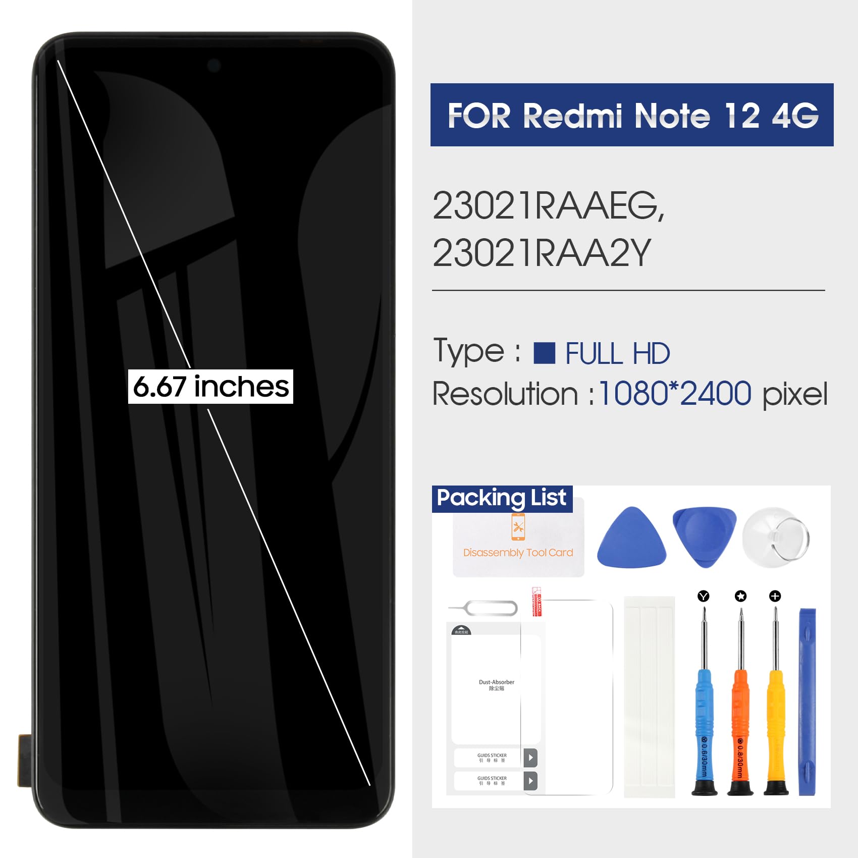 Reparo Pantalla LCD para Xiaomi Redmi Note 12 4G LCD Display para Redmi Note12 4G LCD Pantalla Touch Screen 23021RAAEG 23021RAA2Y 23027RAD4I Kit de Montaje (Negro con Marco)