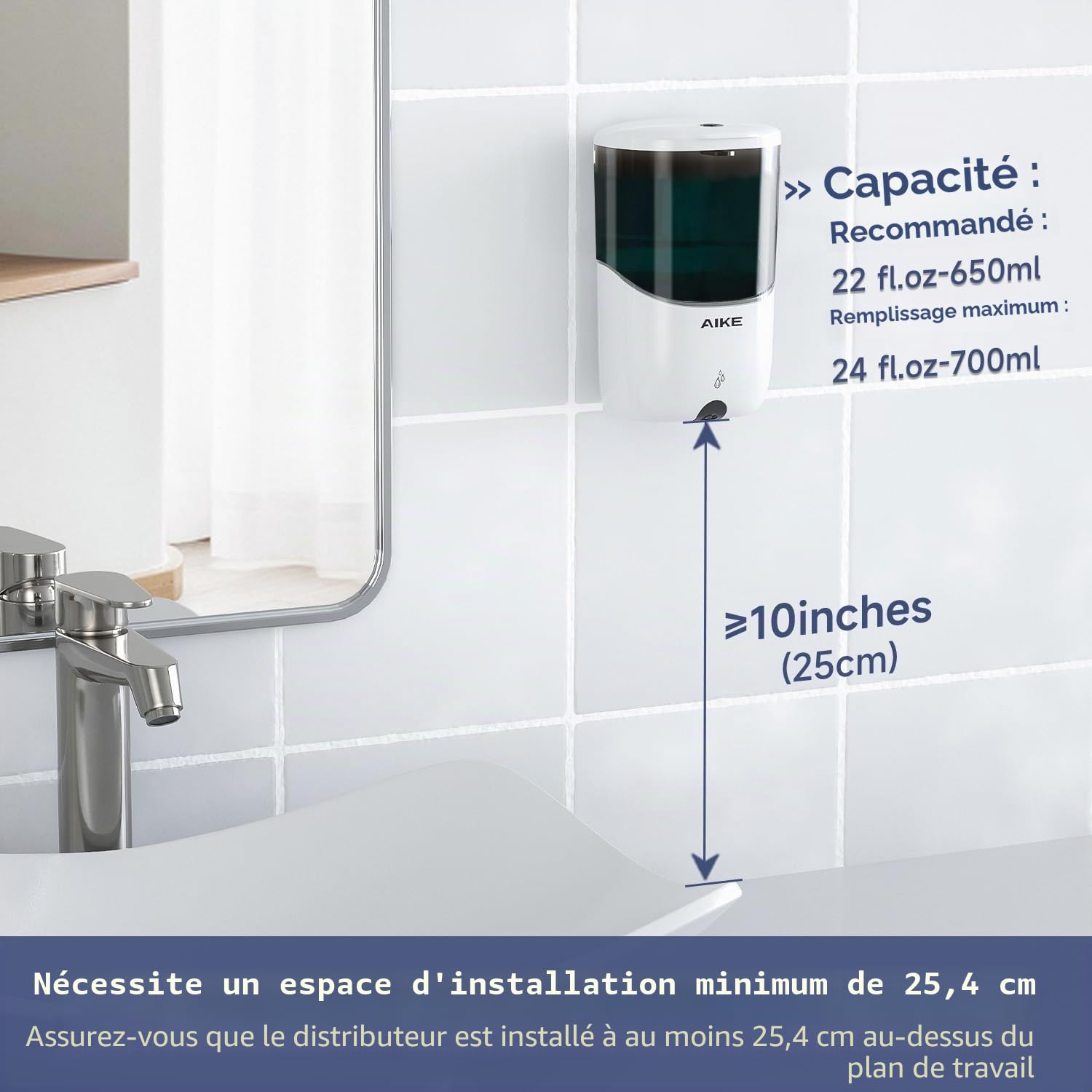 AIKE Distributeur de Savon Automatique Mural, Distributeur de Savon Blanc sans Perçage, Distributeur de Savon Liquide pour Salle de Bain et Cuisine, Modèle AK1216