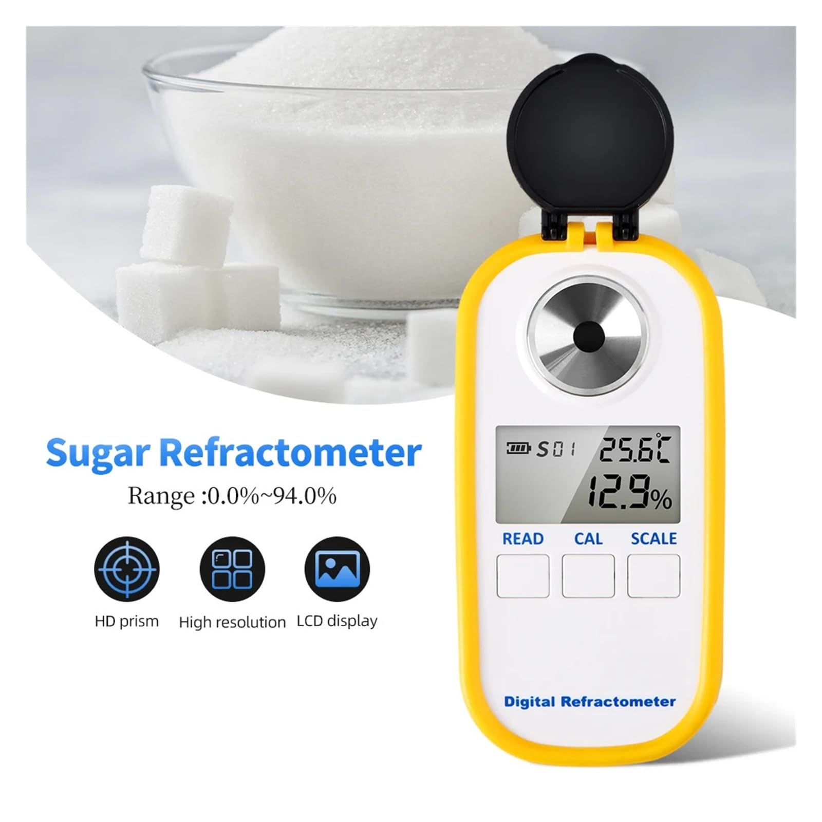 Refractómetro de azúcar portátil, medidor de contenido de azúcar Brix 0,0-50,0%/0-94%, refractómetro digital Brix Respuesta Rápida(0-50)