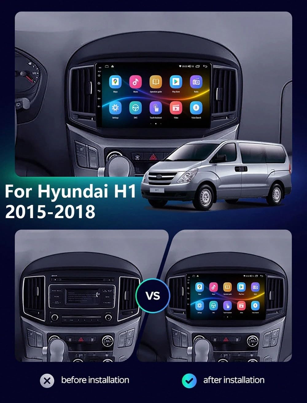 Wyświetlacz Carplay dla Hyundai H1 2 Starex 2015-2018 Ekran Dotykowy Z Bluetooth, Mirror Link, Sterowaniem Głosowym, Nawigacją Gps, Fm, Aux I Wi-Fi, 8 Rdzeń 4G+64G