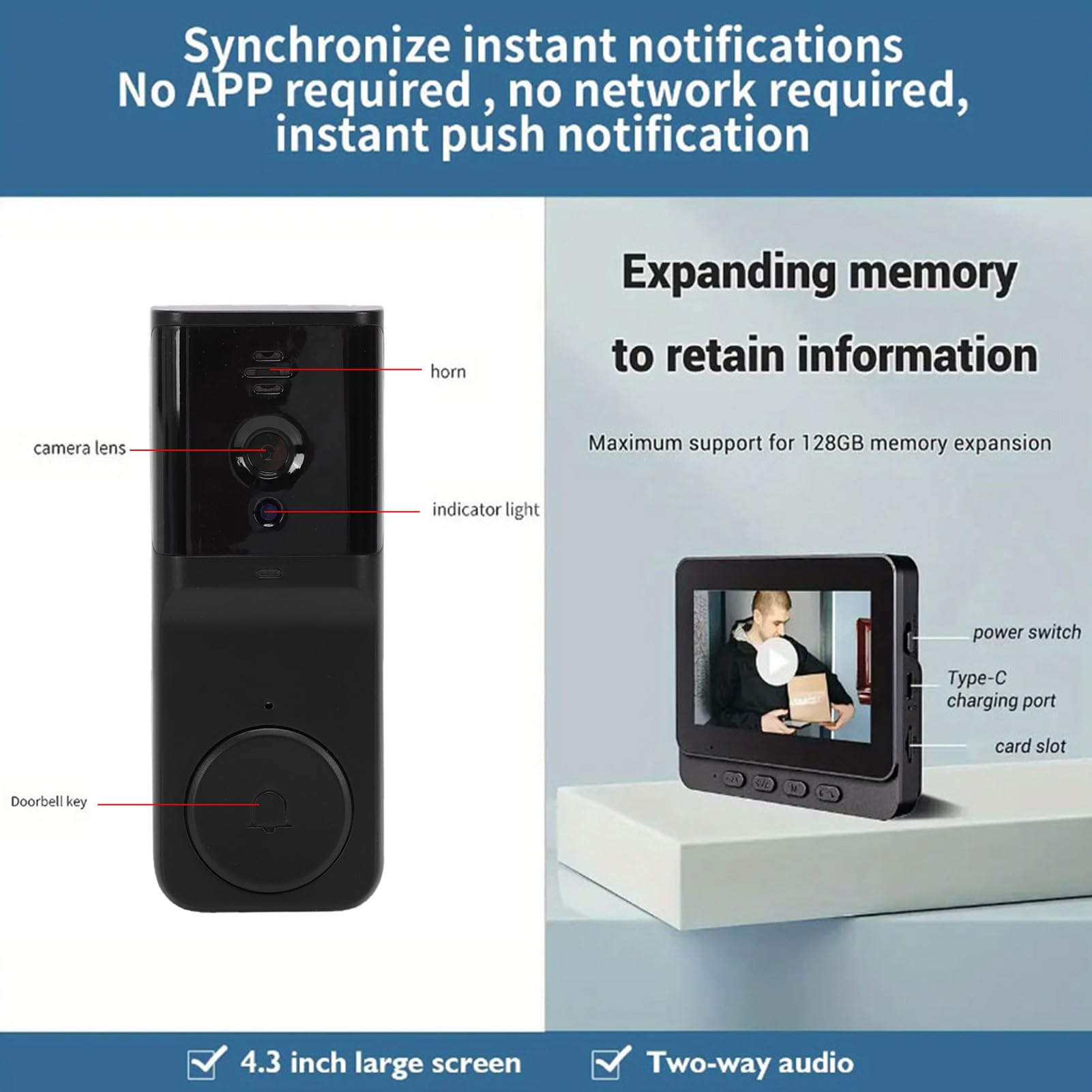 banapoy Videocitofono 4,3 Pollici con Monitor Wireless a 2 Vie | Campanello Citofono Intelligente Versione Notturna, Esterno Interni, Villa, Appartamento, Ufficio, Casa, Resistente All'Acqua