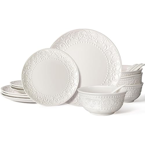 Plates and Bowls Sets - 16 Pieces Ceramic Dinnerware Sets for 4, Embossed White Dish Set Porcelain Kitchen Dishware Sets Dishwasher & Microwave Safe (Brocade Flower)