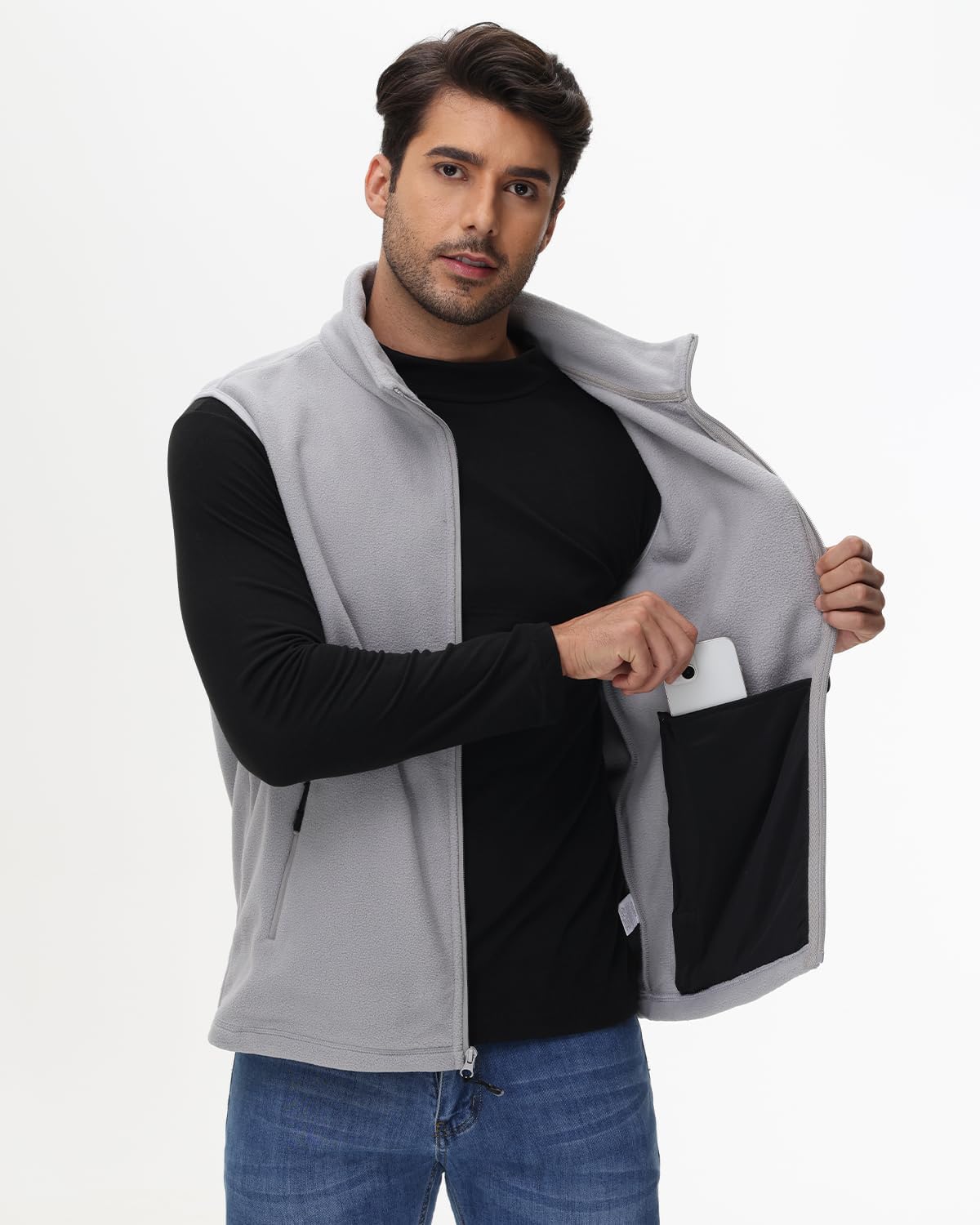 JIHUILAI Mens Polar Fleece Lightweight Vest With Zipper Pockets Warm Men's Zip Up Vests Outerwear Winter Sleeveless Jacket