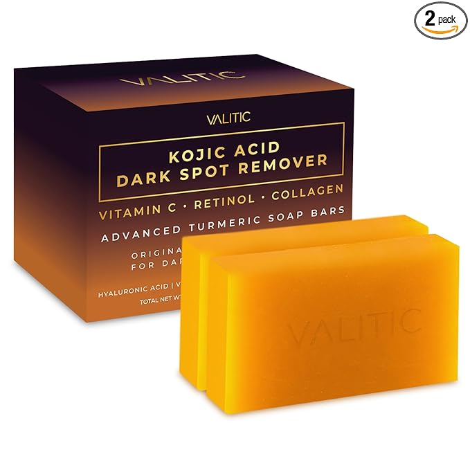 VALITIC Kojic Acid Dark Spot Remover Soap Bars with Vitamin C, Retinol, Collagen, Turmeric - Original Japanese Complex Infused with Hyaluronic Acid, Vitamin E, Shea Butter, Castile Olive Oil (2 Pack)