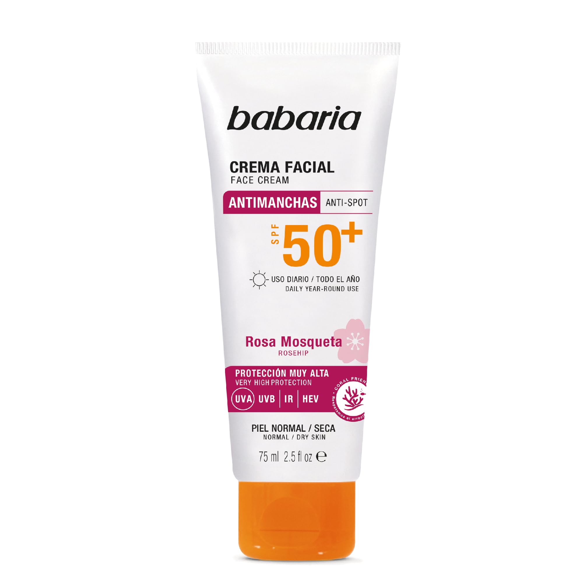 Babaria Protector Solar Facial SPF50+ Antimanchas con Rosa Mosqueta 75 ml – Antiarrugas, Hidratante y Coral Friendly - Crema Solar Facial 50 Mujer en oferta en Amazon