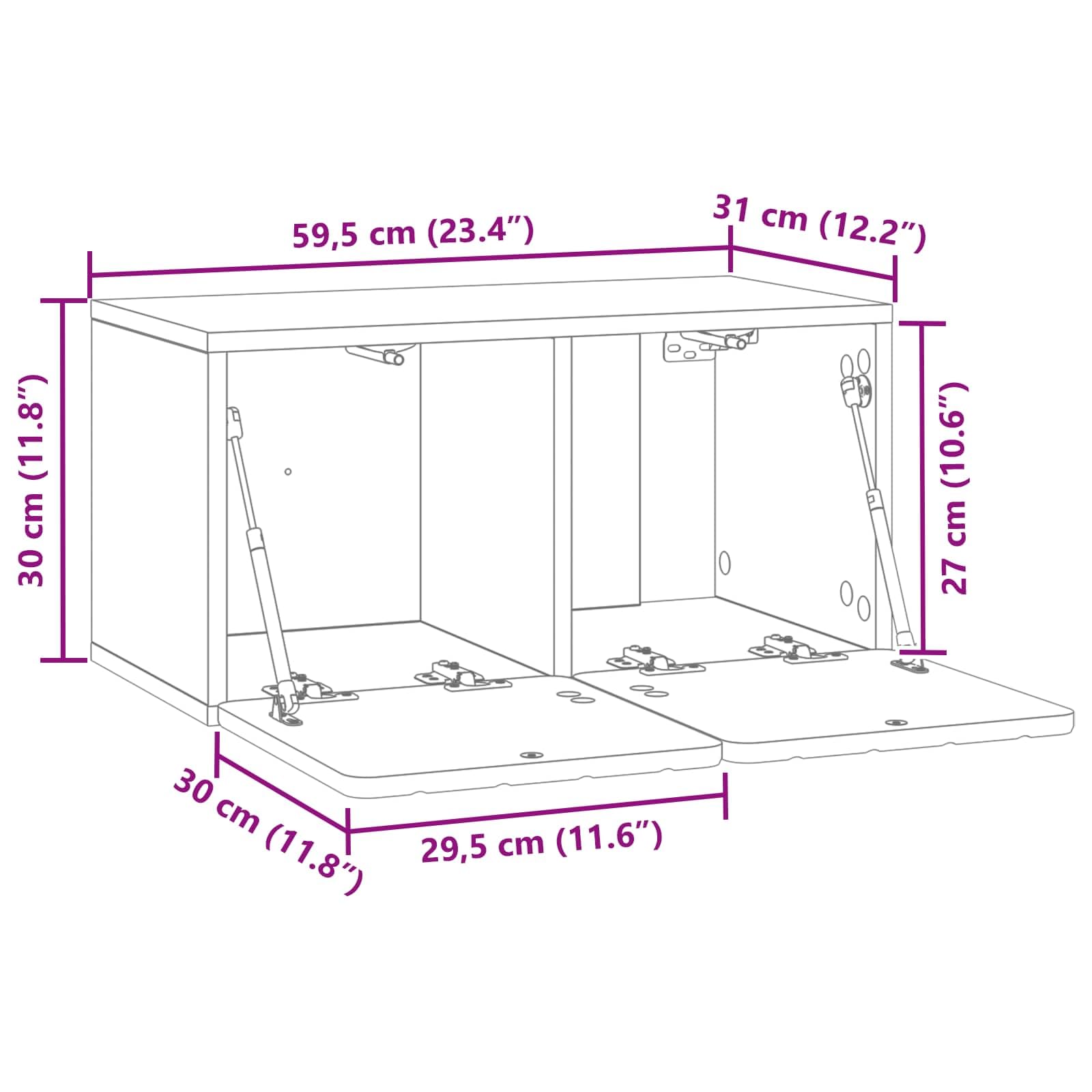 Mobile Porta TV da Muro in Legno Antico 59,5 x 31 x 30 cm con 2 Ante a Cerniera Girevole 90°, Supporto Sospeso Salvaspazio per Soggiorno Moderno, Consolle Armadietto Scaffale Versatile