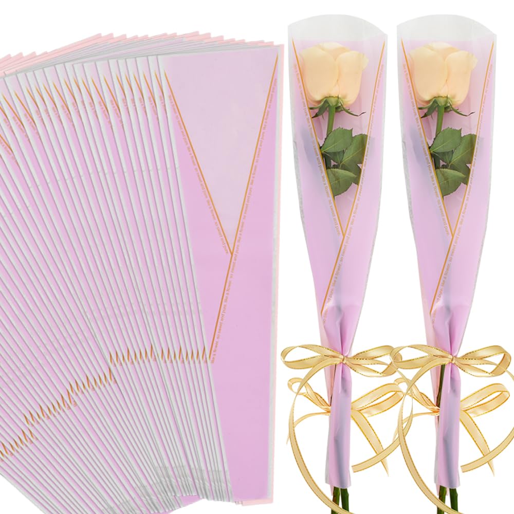 BEISHIDA 100 PCS Single Rose Sleeve Plastic Single Flower Wrapping Rose Packaging Cellophane Flower Sleeves for Florist Bouquet Supplies Mother's Day