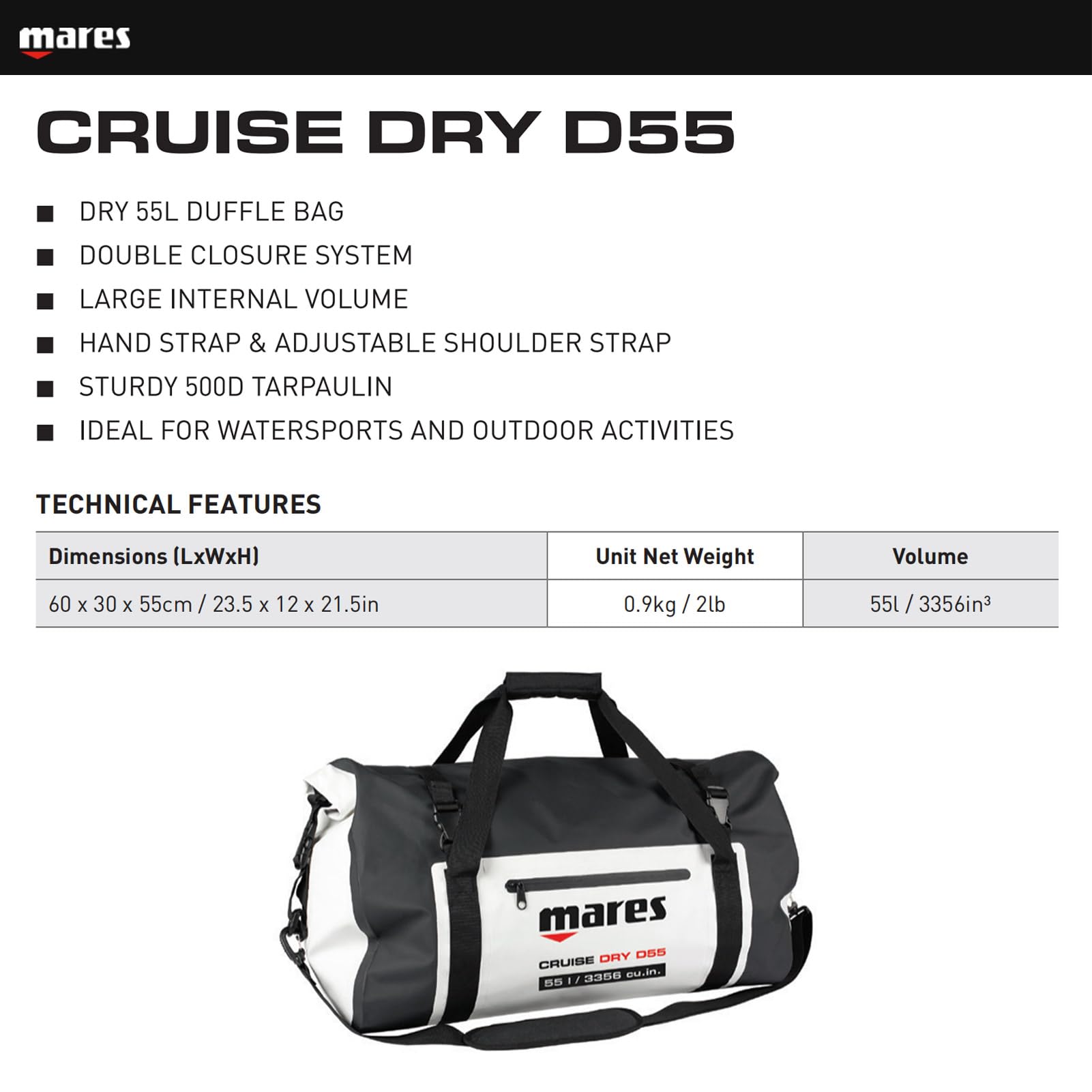 Mares Cruise Dry D55 Tauchrucksäcke Unisex – Erwachsene Schwarz/weiß One Size