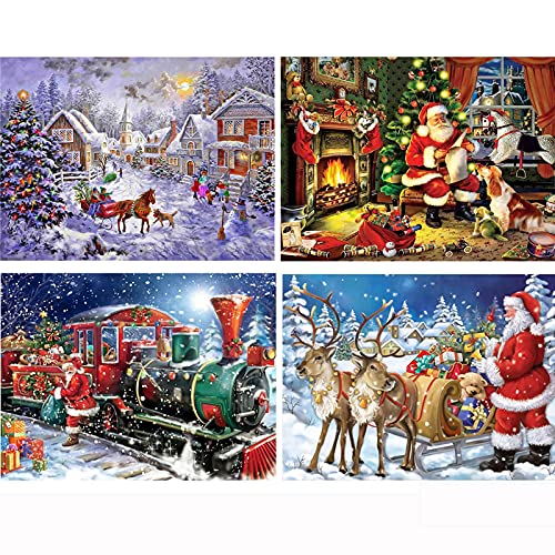 YAOYIN Diamond Painting, 5D Diamant Painting Bilder Weihnachten Kinder mit Diamond Painting Zubehör, 4 Pack Diamant Painting Full Drill Set Weihnachtsmann Deko für Home Weihnachtsdeko(36 * 26CM)