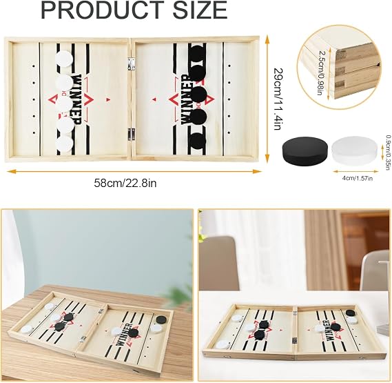 Fast Sling Puck, Large Wooden Board Game - 2 in 1 Table Ice Hockey Winner - Family Party Game for Kids & Adults