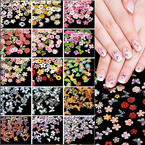 15 Boxes Flower Nail Glitter Flowers and Butterfly Nail Art Glitter Colorful Flower Leaf Nail Art Sticker for Acrylic Nail Art Decoration DIY Crafting