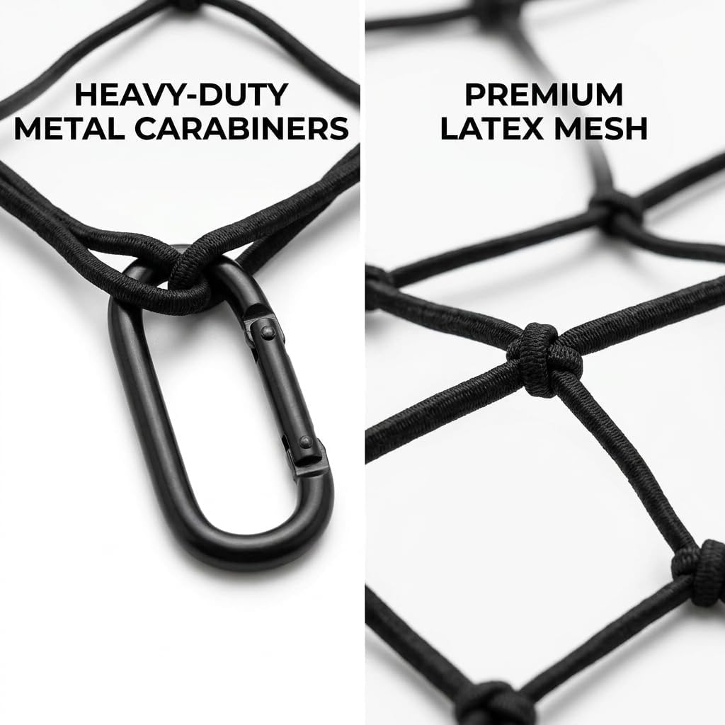 Heavy Duty Latex Cargo Net for Pickup Truck Bed 5'x7' to 10'x14' Stretch - Bungee Mesh Tie Down System with 10 Metal Carabiners & 16ft Strap for Highway Moving Camping