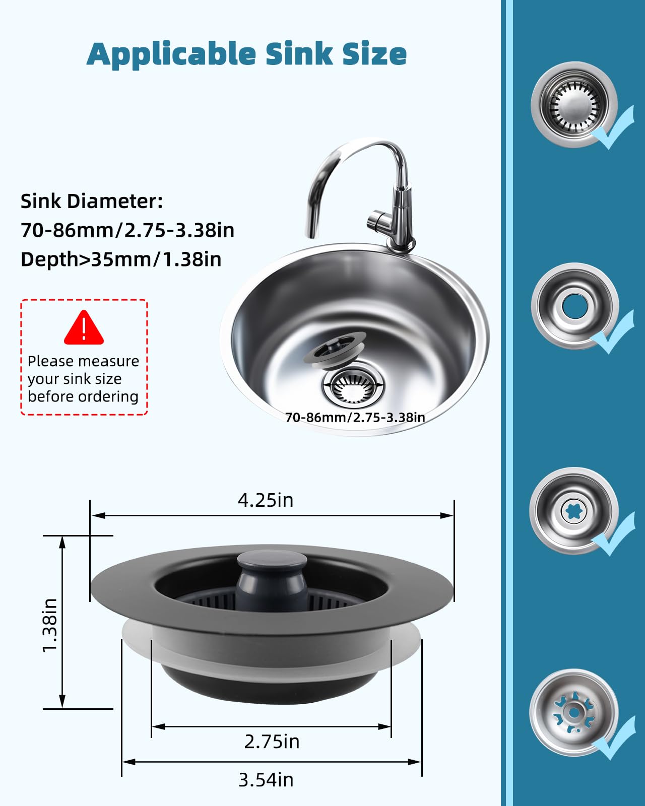 Hygie Rinse 3-in-1 Kitchen Sink Stopper Strainer, 304 Stainless Steel Pop Up Sink Drain Strainer with Handle Rod for US Standard 3-1/2 inch Drain Filter, Anti-Clog 3