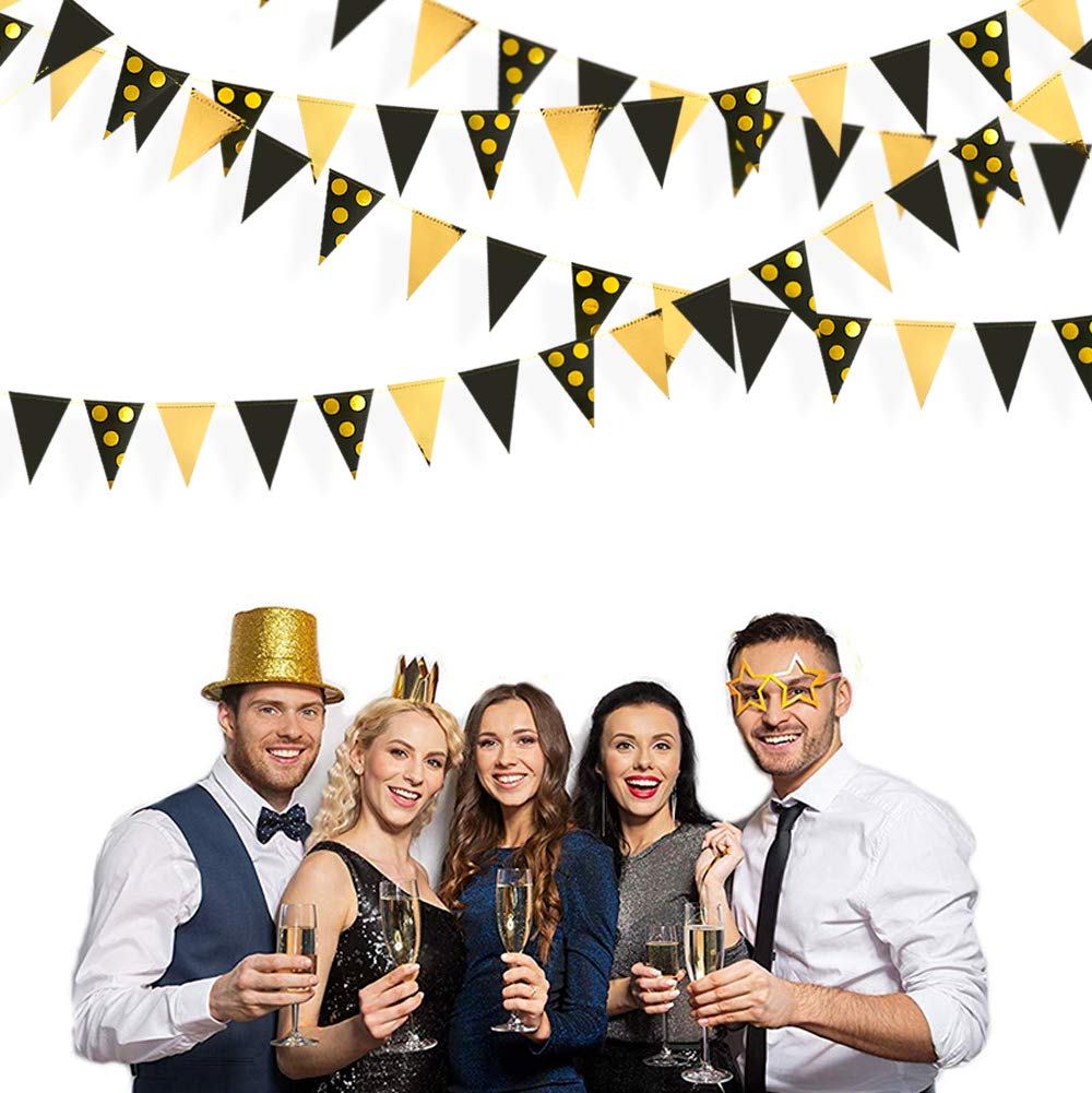 Wimpelkette mit Punkten, 90 cm, Schwarz/Gold, für Hochzeit, Brautparty, Geburtstag, Junggesellinnenabschied, Verlobung, Jahrestag, Urlaub, Partyzubehör