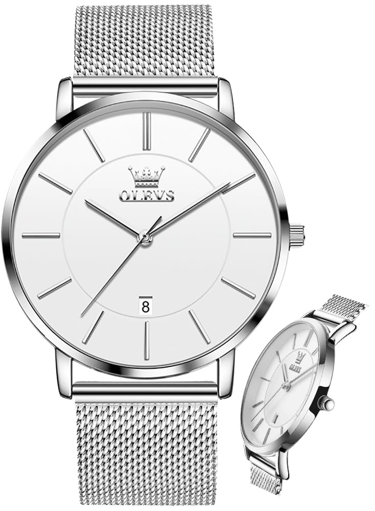 OLEVS Men Leather Watches Black Ultra Thin 6.5mm Minimalist Dress Fashion Simple Casual Waterproof Date Watch for Men