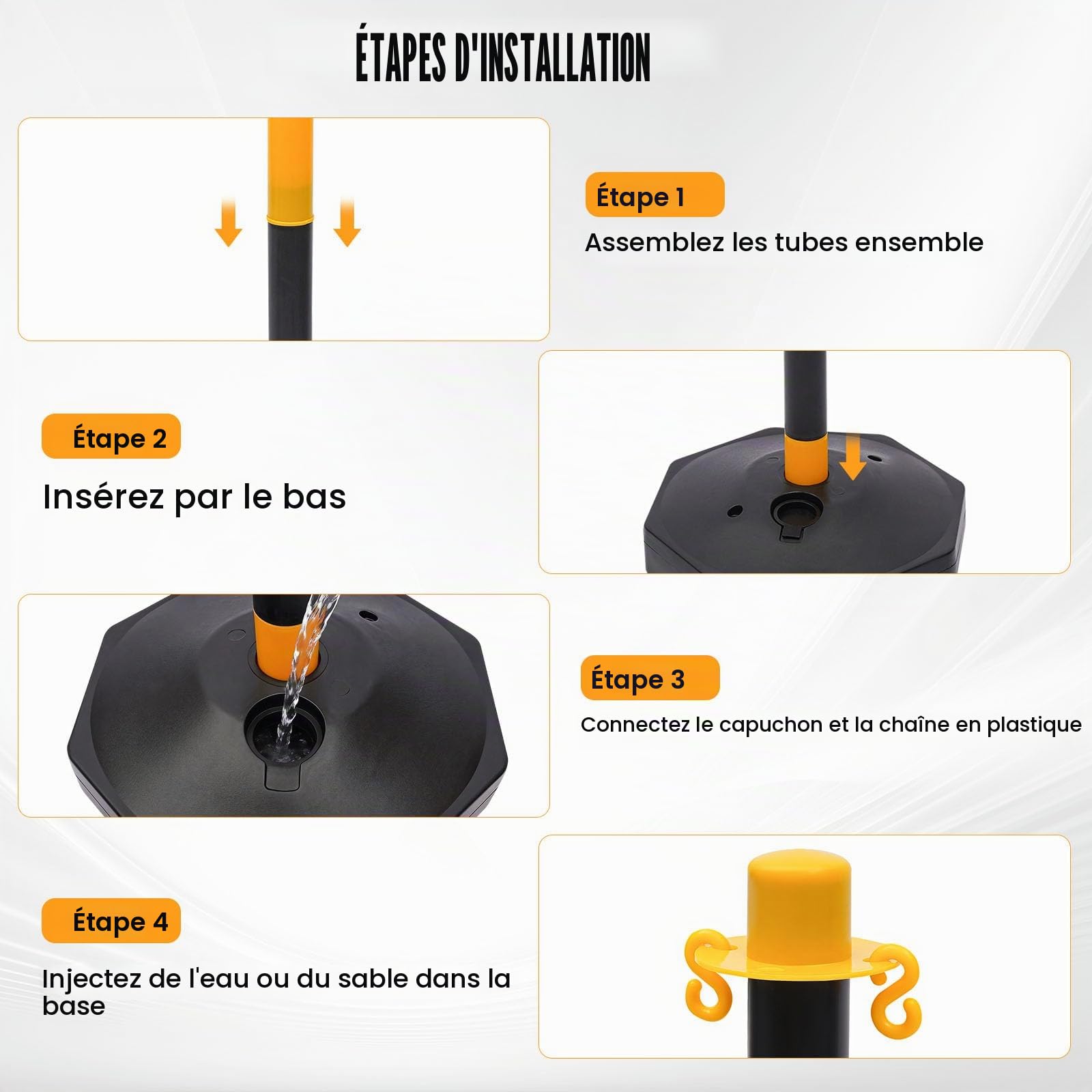Lot de 6 poteaux de barrière en plastique avec 5 chaînes de barrière de 6,5 m, poteaux de blocage avec support, pour avertissement de contrôle de la circulation, jaune et noir
