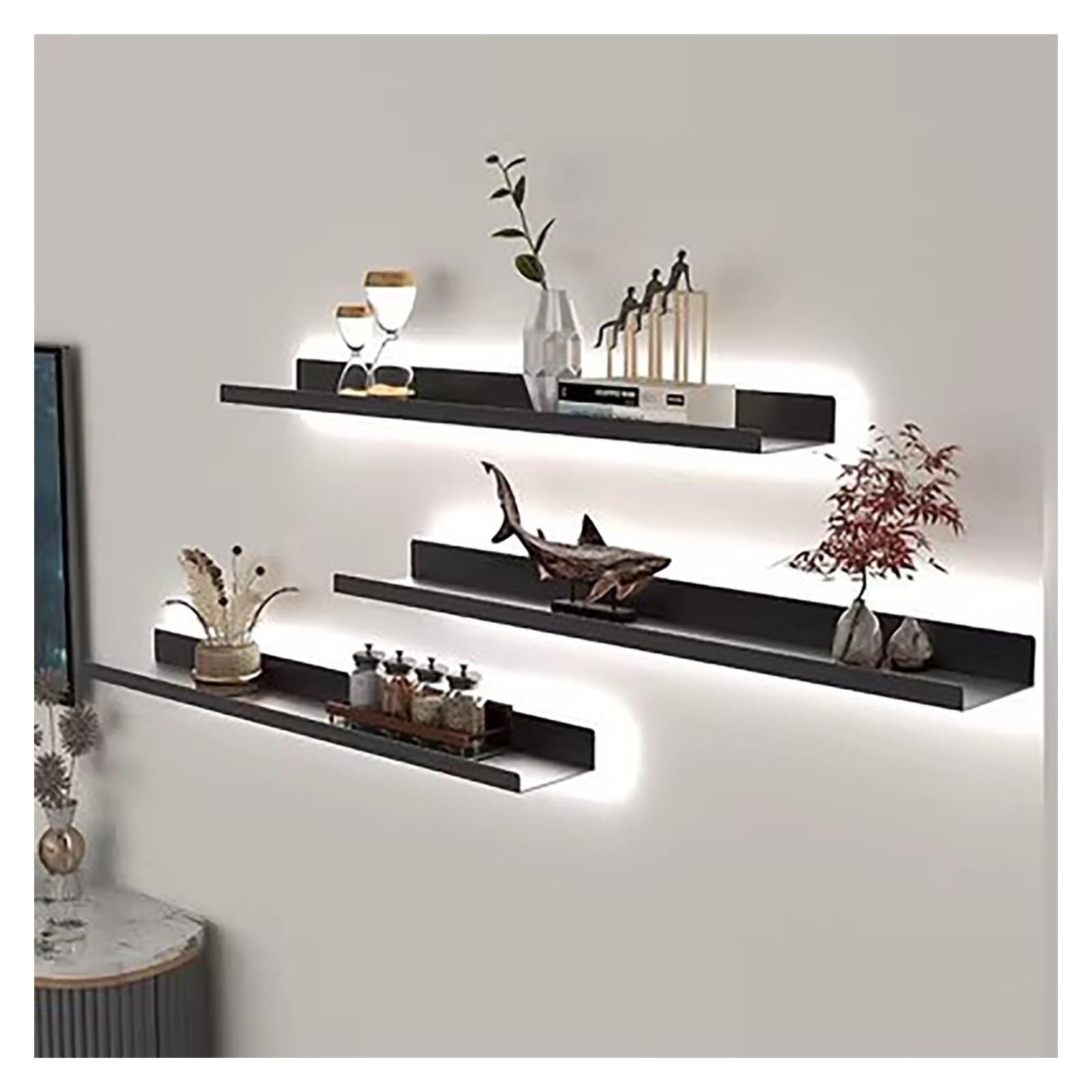 TYUHDUYUR 1 Tier Floating Shelves Light-Emitting Shelves,Wall Hanging Creative Bookshelf,Floating Wall Mounted Display Shelves Built-in Illuminated LED Light,Wall Shelves Picture Ledge (Gold
