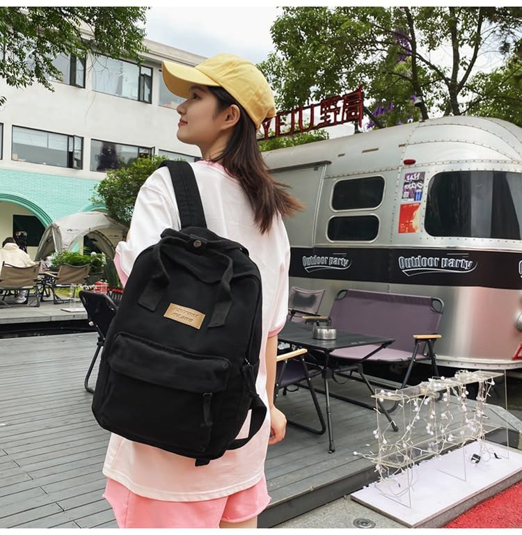 Aesthetic Canvas Backpack for Women Men Preppy Backpack Grunge Hippie Boho Japanese College Laptop Book Bag (Black,One Size)2