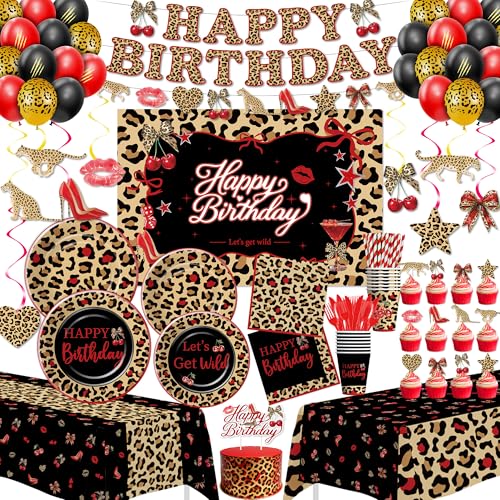Srua Don Cheetah and Cherry Birthday Decorations Girls Leopard Print Cheetah Cherry Party Supplies for Birthday Baby Shower Plate Cup Napkin Banner Backdrop Tablecloth Swirl Balloon Serve 24