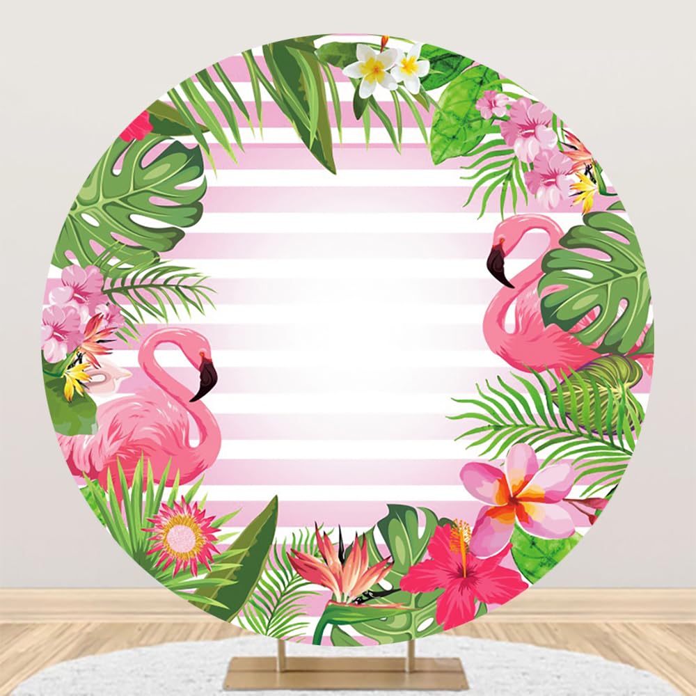 Renaiss 6.5x6.5ft Pink Stripe Flamingo Round Backdrop Covers for Photoshoot Girls Portrait Tropical Plants Flowers Photography Background Baby Shower