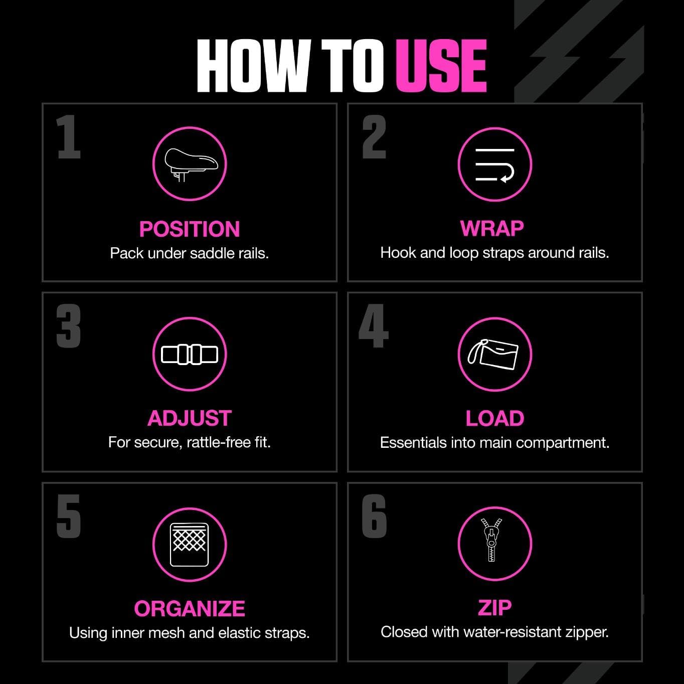 Muc-Off Saddle Bag Pack, Black - Bike Bag and Cycling Accessories for Storing Ride Essentials - Bike Storage for Bike Tools, Puncture Repair Kit, Inner Tube