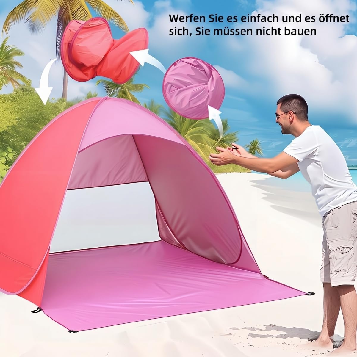 XXL Strandmuschel Pop Up, 200cm x 165cm x 130cm, Outdoor strandzelt für 3-5 Personen, UPF 50+ uv Schutz (pink)