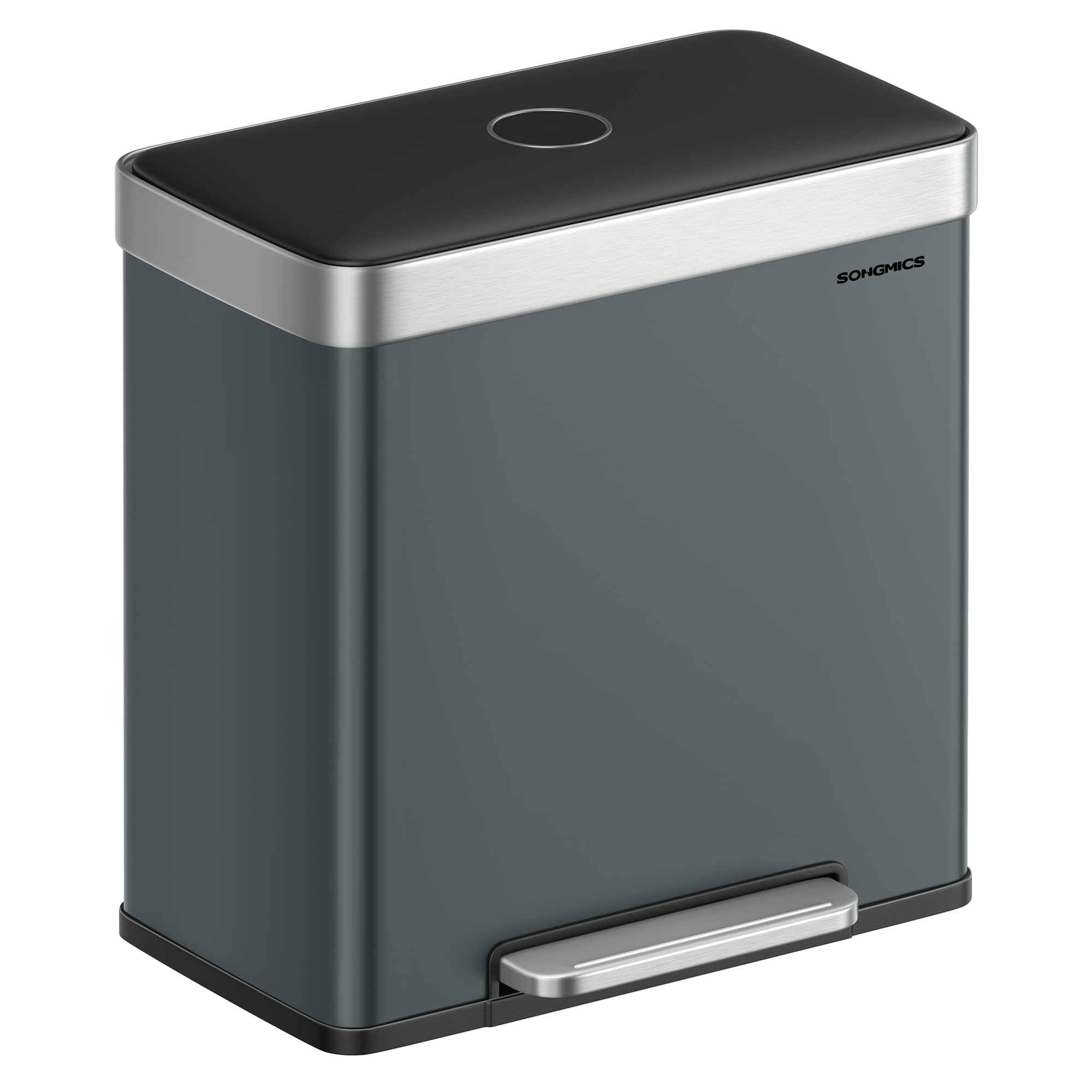 SONGMICS Mülleimer Küche, 2 x 30 L, Mülltrennsystem 2 Fächer, 15 Müllsäcke, Abfalleimer Edelstahl, Inneneimer aus Kunststoff, mit Deckel, Softclose, 58,2 x 36,5 x 60,5 cm, grüngrau LTB202G01