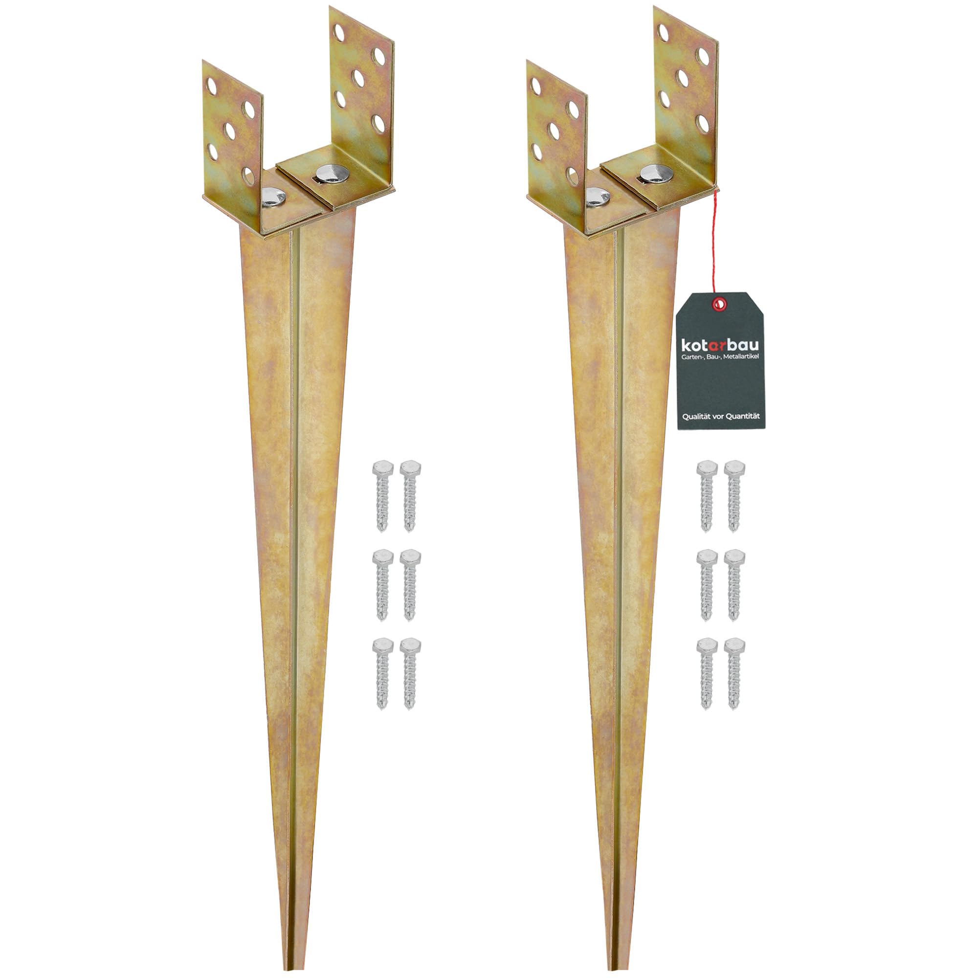KOTARBAU® 2 pcs Fence Post Support - 0–125 mm (0–4.9 inches) - Galvanised Steel - 70 cm (27.6 inches) - Gold - Ground Spike - Adjustable Post Anchor - U Bracket - for Fencing Garden Construction