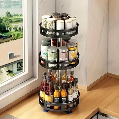 PYXBE 360° Rotating Spice Rack Organiser | Non-Slip Lazy Spice Holder Organizer for Kitchen, Bathroom, Living Room | 3 Tier Multifunctional Tabletop Spice Rack for Seasonings plm (3-Tier-Round)